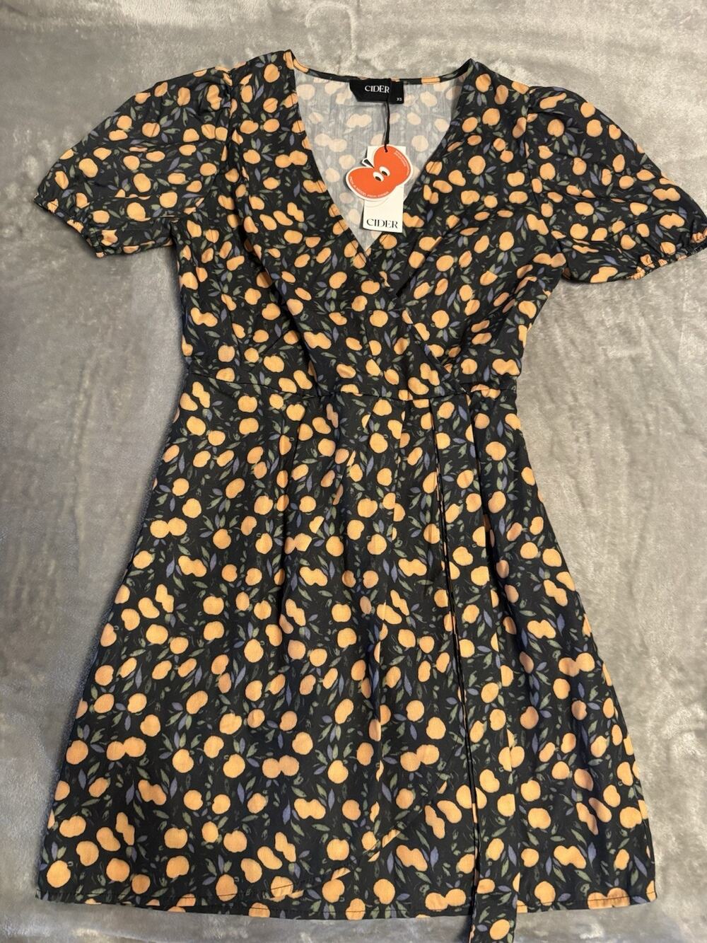 NWT Cider Mini Dress Women's XS Lemon Orange Print Black short sleeves NEW